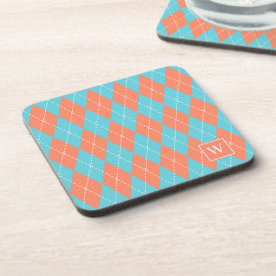 Preppy-Handgesticktes Argyle – Korallenrot & Türki Getränkeuntersetzer
