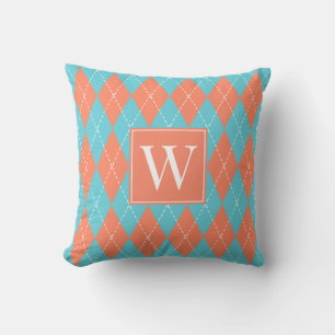 Preppy-Handstickerei-Argyle – Korallenrot & Türkis Kissen