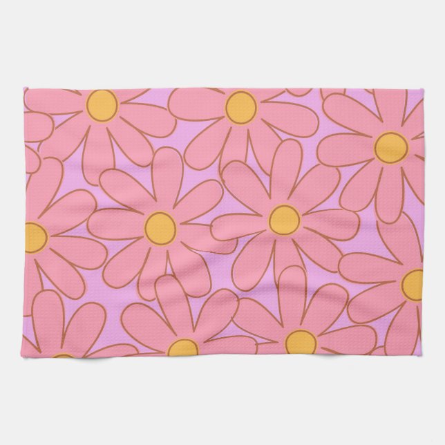 Preppy Hippie Pink Lila Blume Muster Geschirrtuch (Horizontal)