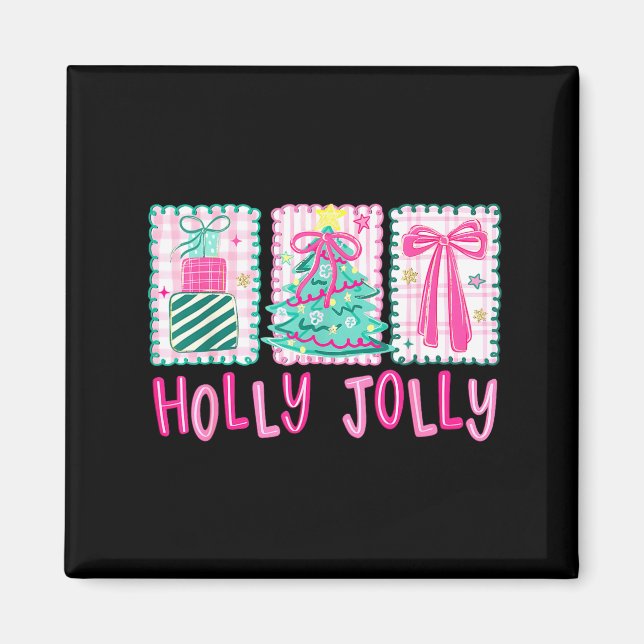 Preppy Holly Xmas Jolly Coquette Bow Christmas Tre Magnet (Vorne)