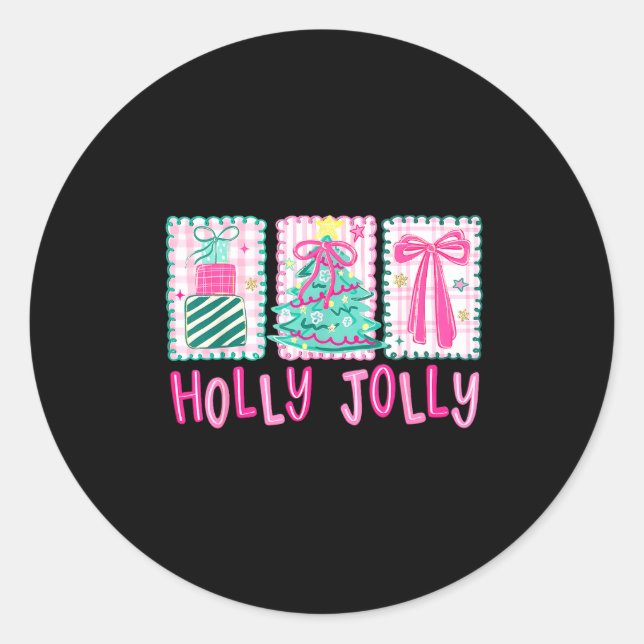 Preppy Holly Xmas Jolly Coquette Bow Christmas Tre Runder Aufkleber (Vorderseite)