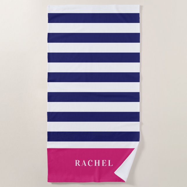 Preppy-Hot-Pink-und Navy-Blue-Streifen Monogramm Strandtuch (Vorderseite)