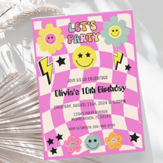 Preppy Hot Pink Y2K Happy Face Party Geburtstag Einladung