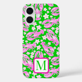 Preppy-Hummer-Blume rosa-grünes Muster-Monogramm iPhone 16 Hülle