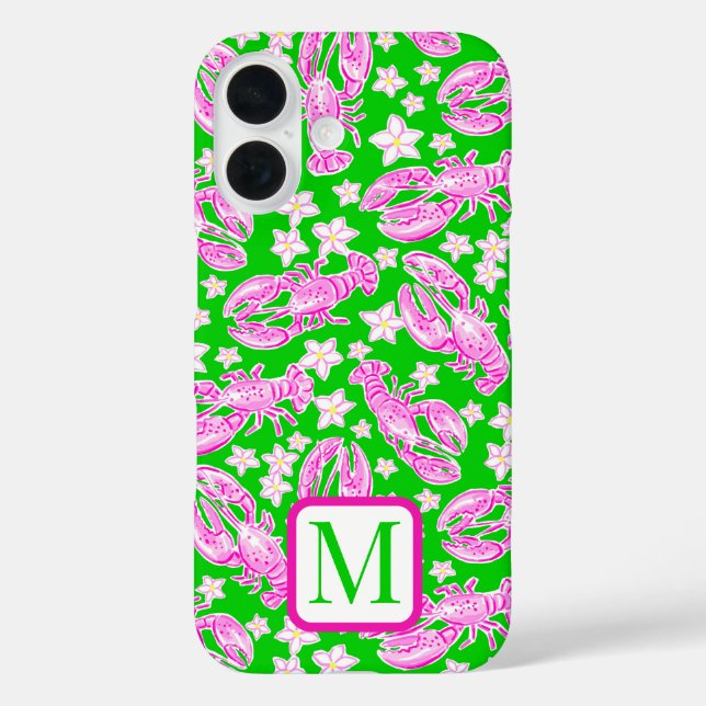 Preppy-Hummer-Blume rosa-grünes Muster-Monogramm iPhone 16 Hülle (Rückseite)
