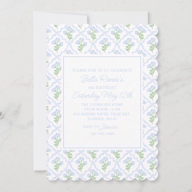 Preppy Hydrangea Watercolor Trellis Editable Einladung (Vorderseite)