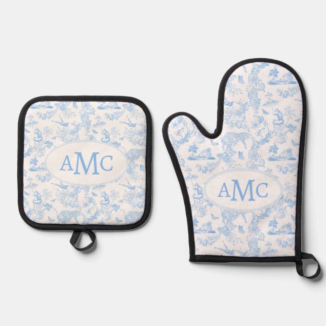 Preppy Jungle Chinoiserie Monogram Ofenhandschuh & Topflappen-Set (Vorderseite)