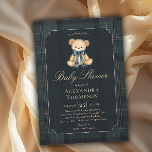 Preppy-Karo-Tartan-Teddybär-Schleife-Junge-Baby-Pa Einladung