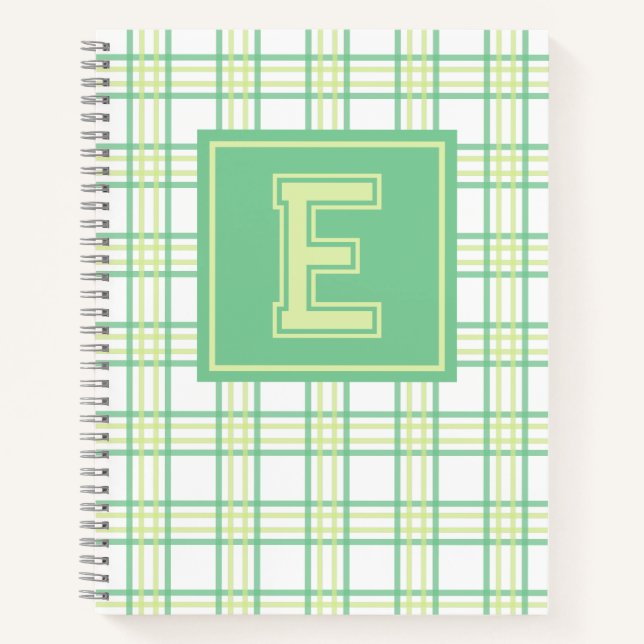 Preppy-Karo-Varsity-Monogramm Grün-Lime Notizbuch (Vorderseite)