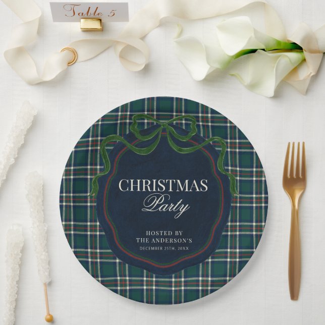 Preppy-Karo-Weihnachtsfeier Grün-Navy-Tartan Pappteller (Hochzeit)
