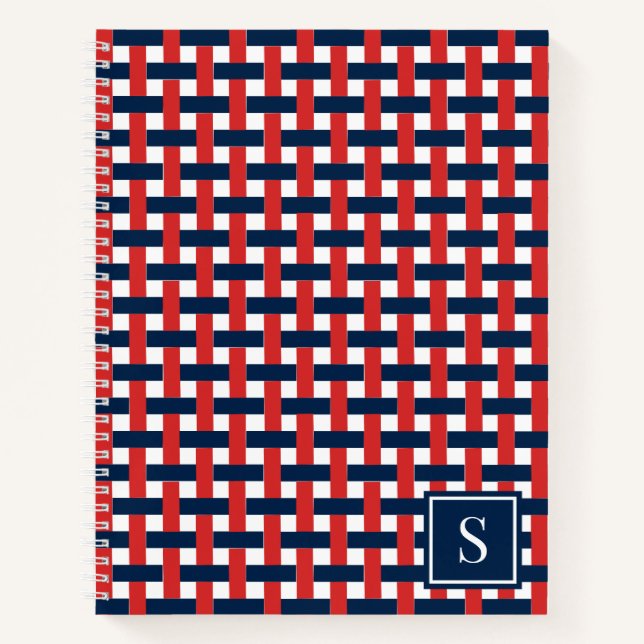 Preppy Korbgeflecht – Navy & rotes Monogramm Notizbuch (Vorderseite)