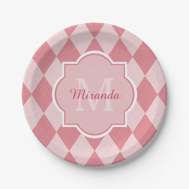 Preppy Light Pink Raute Girl Monogram Party Name Pappteller (Vorderseite)