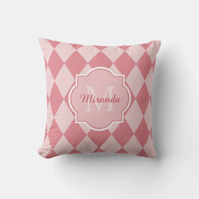 Preppy Light Pink Raute Girly Monogram Girl Name Kissen (Vorderseite)