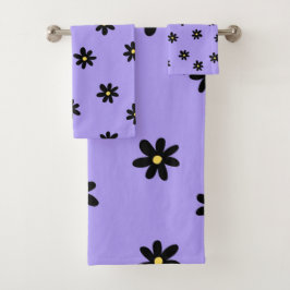 Preppy Lila Black Floral Simple Blume Pattern Badhandtuch Set