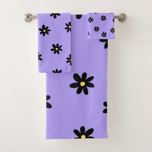 Preppy Lila Black Floral Simple Blume Pattern Badhandtuch Set (Insitu)