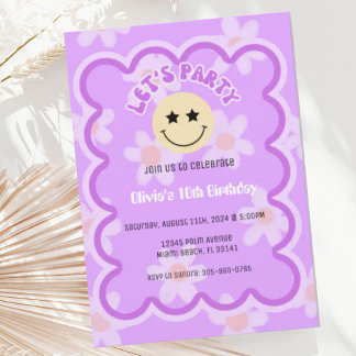 Preppy Lila Daisy Y2K Happy Face Party Geburtstag Einladung
