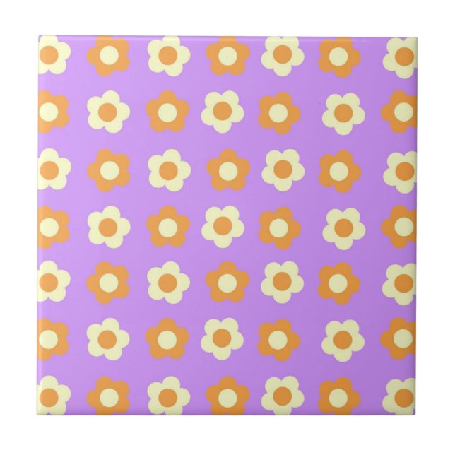 Preppy Lila Orange Floral Simple Blume Pattern Fliese (Vorderseite)