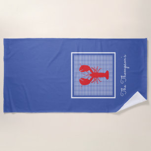 Preppy Lobster Blue White Gingham Familienname Strandtuch