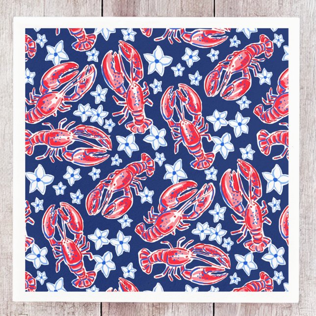 Preppy Lobster Blume Red Navy Muster Serviette (Von Creator hochgeladen)