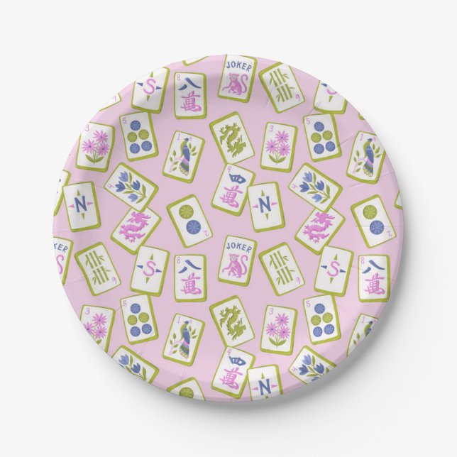 Preppy Mahjong Tiles on Pastel Pink Pappteller (Vorderseite)