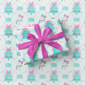 Preppy Mint Girly Christmas Gift Wrap Pink Bow Geschenkpapier