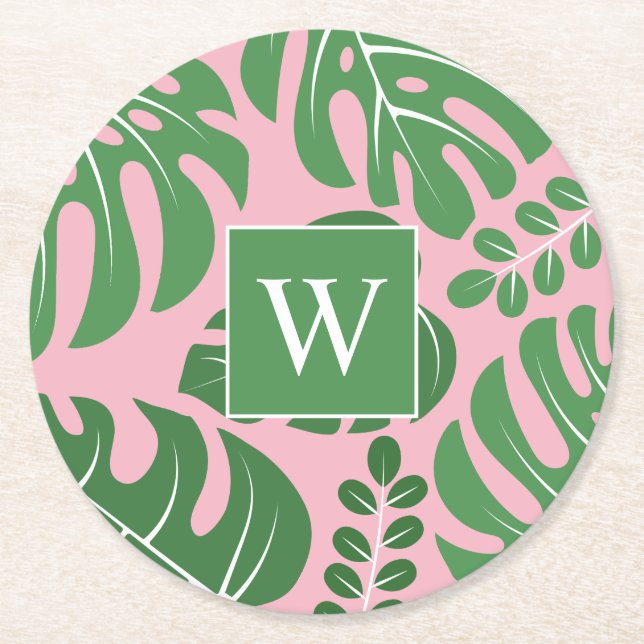 Preppy Mit Monogramm Monstera Palm Leaf Runder Pappuntersetzer (Vorderseite)