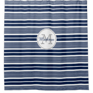 Preppy Mit Monogramm Navy Blue und White Strip Duschvorhang