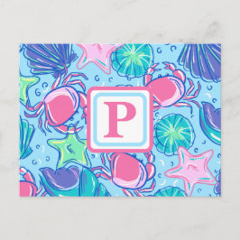 Preppy Monogram Beach Muschel Crab Postkarte