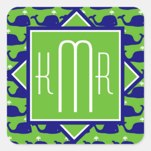 Preppy Monogram   Blaue und grüne Wale Quadratischer Aufkleber