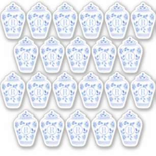 Preppy Monogram Blue und White Ginger Jar Aufkleber
