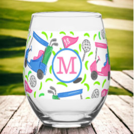 Preppy Monogram Golf Pink Blue Golf Cart Muster Weinglas Ohne Stiel