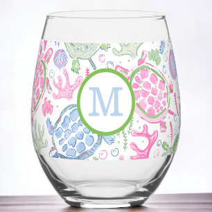 Preppy Monogram Pink Blue Sea Turtles Weinglas Ohne Stiel