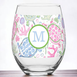 Preppy Monogram Pink Blue Sea Turtles Weinglas Ohne Stiel