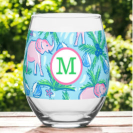 Preppy Monogram Pink Elephant Palm Tree Weinglas Ohne Stiel
