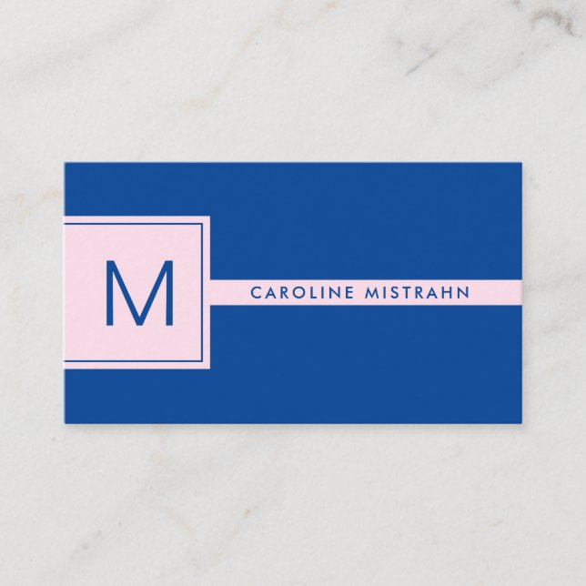 Preppy Monogram Pink und Navy Blue Beruflich Visitenkarte (Vorderseite)