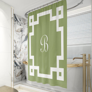Preppy Monogram White Greek Key Border Moor Green Duschvorhang