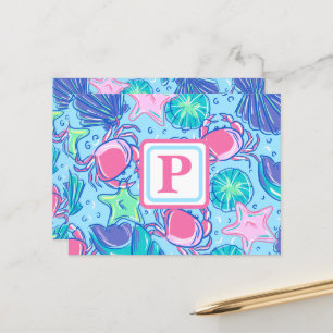 Preppy-Monogramm-Muschel-Krabbe Postkarte