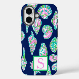 Preppy-Muscheln auf Navy Blue Background Monogram iPhone 16 Hülle