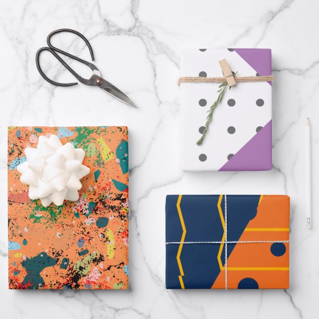 Preppy Muster doppeltes Glück geometrisch orange Geschenkpapier Set (Vorderseite)