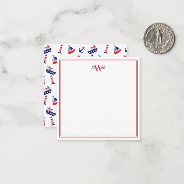 Preppy Nautic Sailbots Monogram Mitteilungskarte (Vorderseite/Rückseite Beispiel)