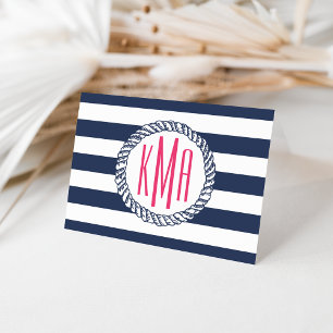 Preppy Nautical Navy & White Strip Pink Monogram