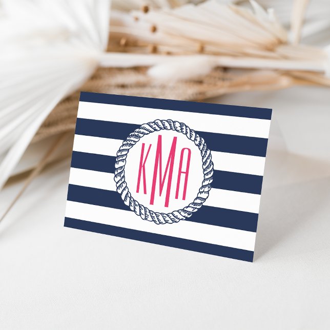 Preppy Nautical Navy & White Strip Pink Monogram (Von Creator hochgeladen)