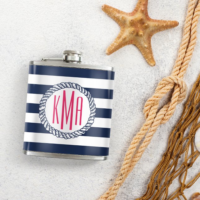 Preppy Nautical Navy & White Strip Pink Monogram Flachmann (Von Creator hochgeladen)