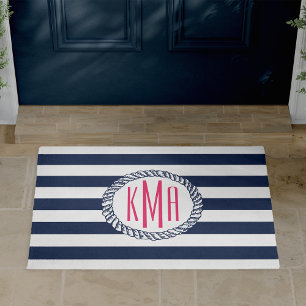 Preppy Nautical Navy & White Stripe Pink Monogram Fußmatte