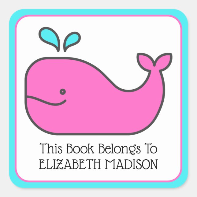 Preppy Nautical Pink and Aqua Whale Buchzeichen Quadratischer Aufkleber (Vorderseite)