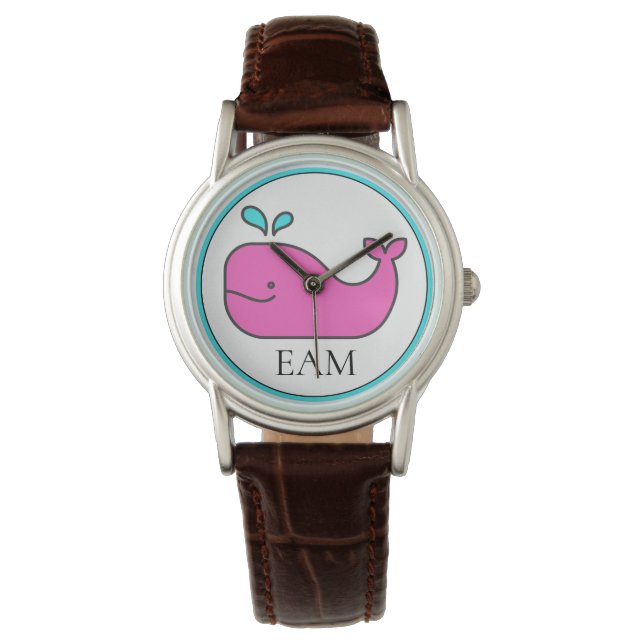 Preppy Nautical Pink und Aqua Whale Monogram Armbanduhr (Vorderseite)
