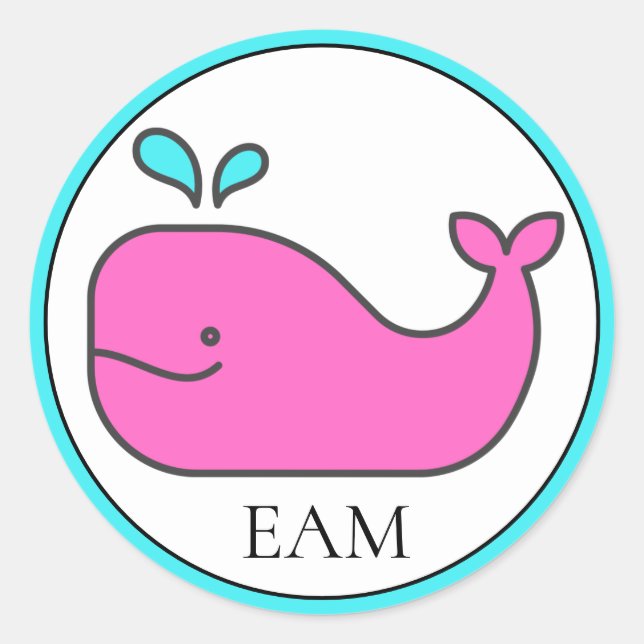 Preppy Nautical Pink und Aqua Whale Monogram Runder Aufkleber (Vorderseite)