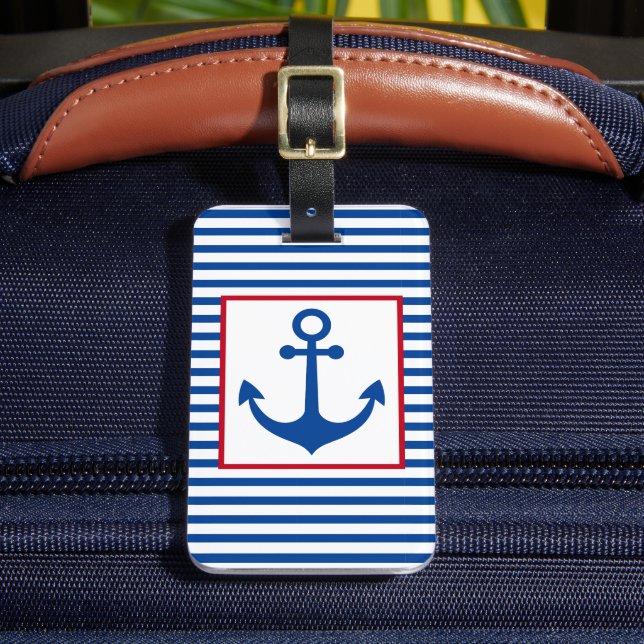 Preppy Nautical Stripes and Anchor Personalized Gepäckanhänger (Vorderseite Insitu 2)