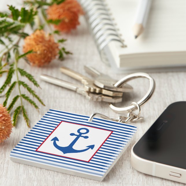 Preppy Nautical Stripes and Anchor Personalized Schlüsselanhänger (Vorderseite rechts)