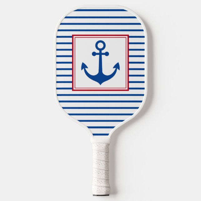 Preppy Nautical Stripes und Anker Personalisiert Pickleball Schläger (Vorderseite)